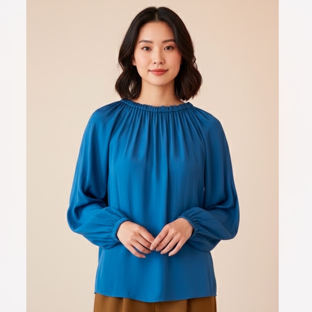 NWOT FLATTERING TIBI GEORGETTE ROYAL BLUE BLOUSE ADJUSTABLE NECK W/ RUCHING‎